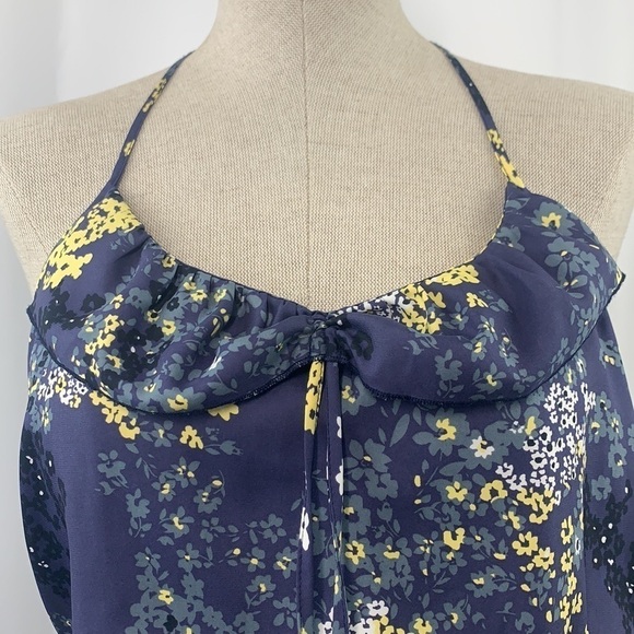 Banana Republic Ruffle Neck Racer Back Floral Mini Dress Blue/Yellow, Sz 0 - Picture 2 of 10
